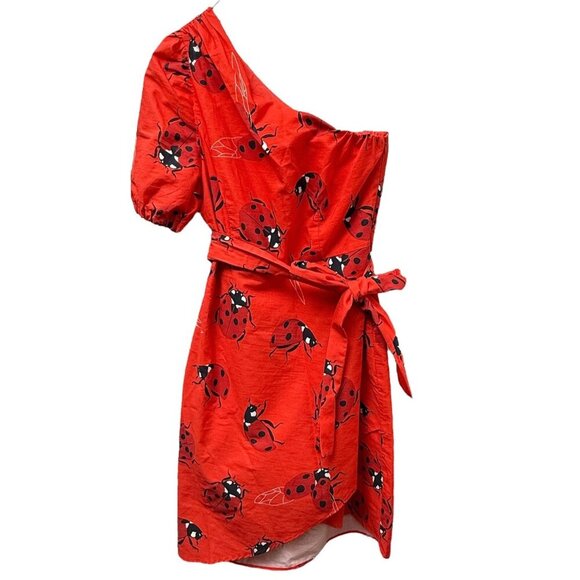 Ladybug Dress Small Tomato Red Cotton One Shoulder Sash Mini by We__Are - Picture 1 of 14